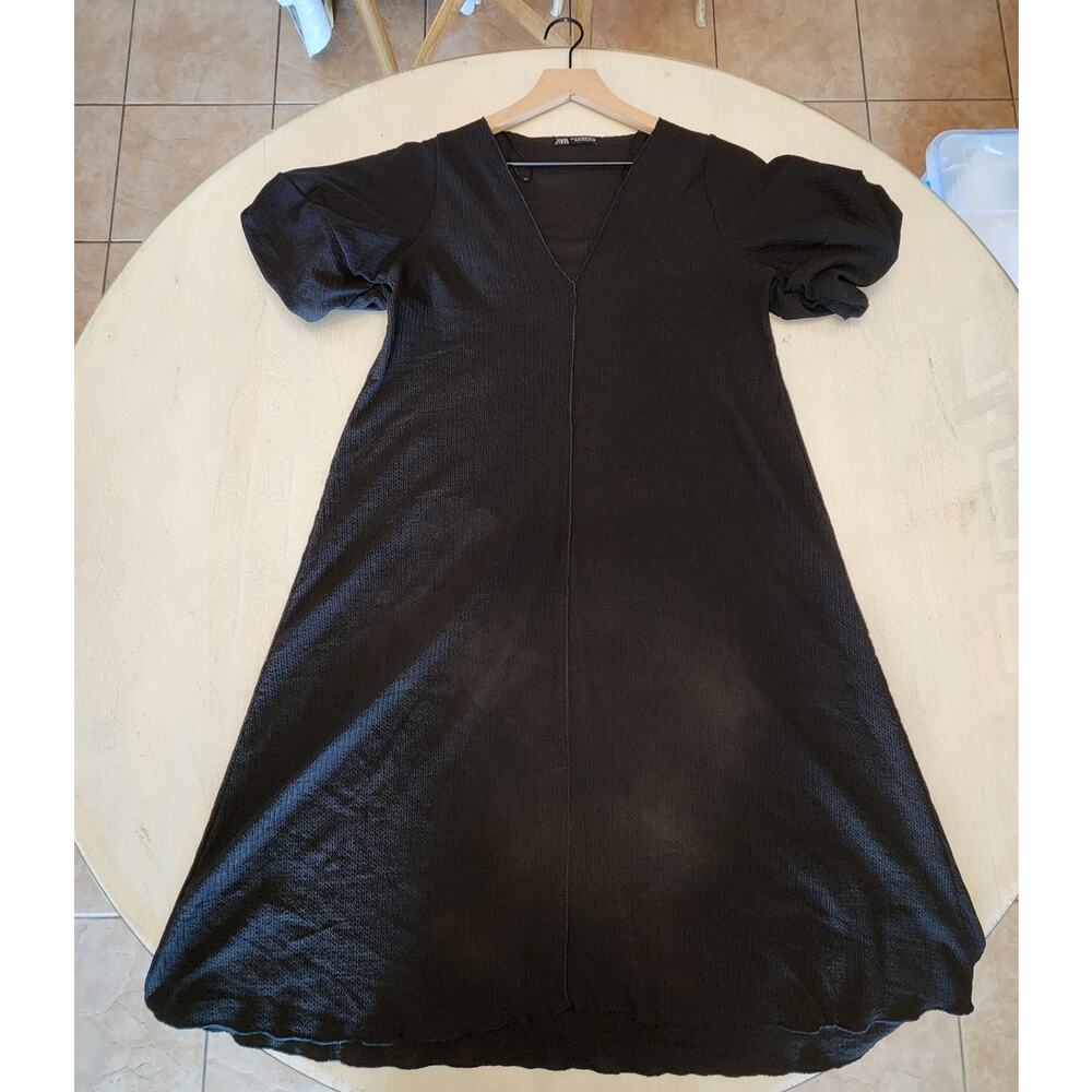 Zara Black V- Neck Midi Dress Puffy Short sleeve Women's  SZ Medium - Picture 4 of 6